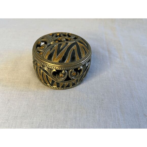 Art Deco Small Round Trinket Box w/Lid Tiger Stripe, Gold Toned, Pill Box - Picture 1 of 7